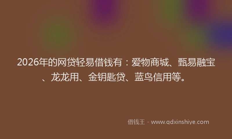 2026年的网贷轻易借钱有:爱物商城、甄易融宝、龙龙用、金钥匙贷、蓝鸟信用等。