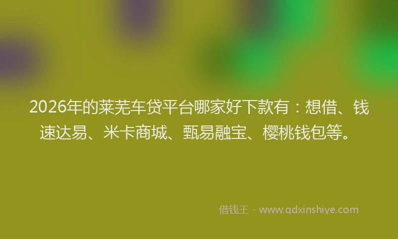 2026年的莱芜车贷平台哪家好下款有：想借、钱速达易、米卡商城、甄易融宝、樱桃钱包等。