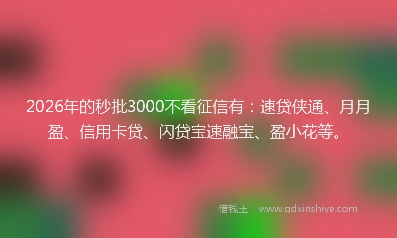 2026年的秒批3000不看征信有：速贷侠通、月月盈、信用卡贷、闪贷宝速融宝、盈小花等。