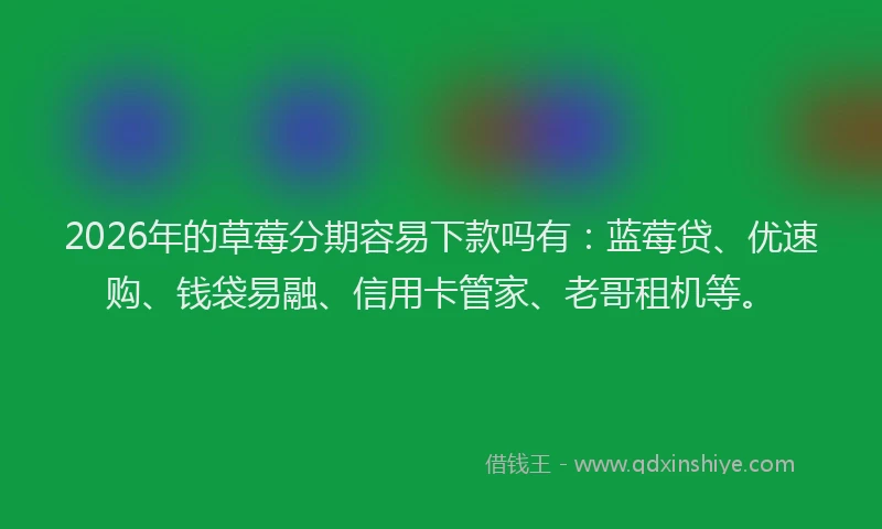 2026年的草莓分期容易下款吗有：蓝莓贷、优速购、钱袋易融、信用卡管家、老哥租机等。