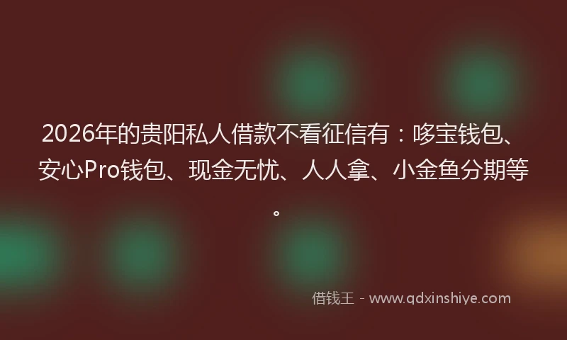2026年的贵阳私人借款不看征信有：哆宝钱包、安心Pro钱包、现金无忧、人人拿、小金鱼分期等。