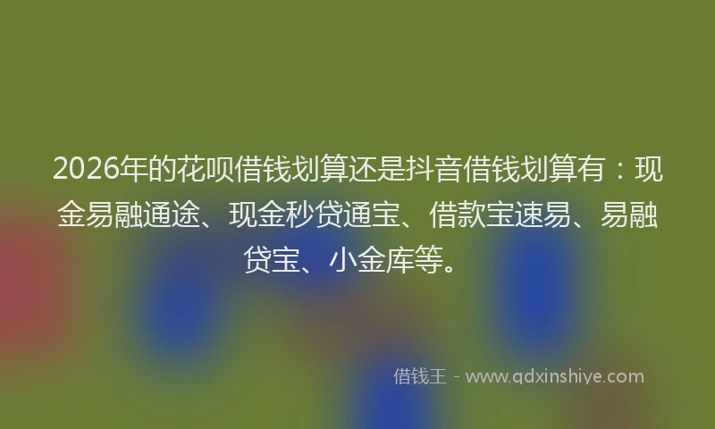 2026年的花呗借钱划算还是抖音借钱划算有：现金易融通途、现金秒贷通宝、借款宝速易、易融贷宝、小金库等。