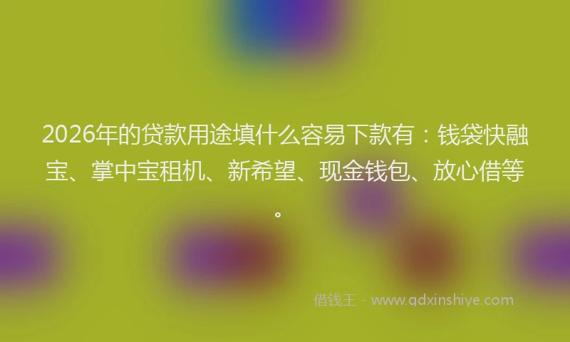 2026年的贷款用途填什么容易下款有：钱袋快融宝、掌中宝租机、新希望、现金钱包、放心借等。