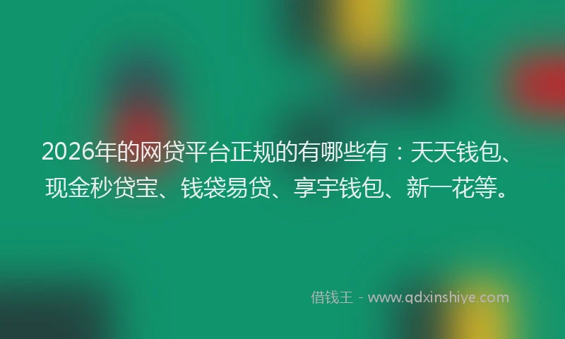 2026年的网贷平台正规的有哪些有：天天钱包、现金秒贷宝、钱袋易贷、享宇钱包、新一花等。