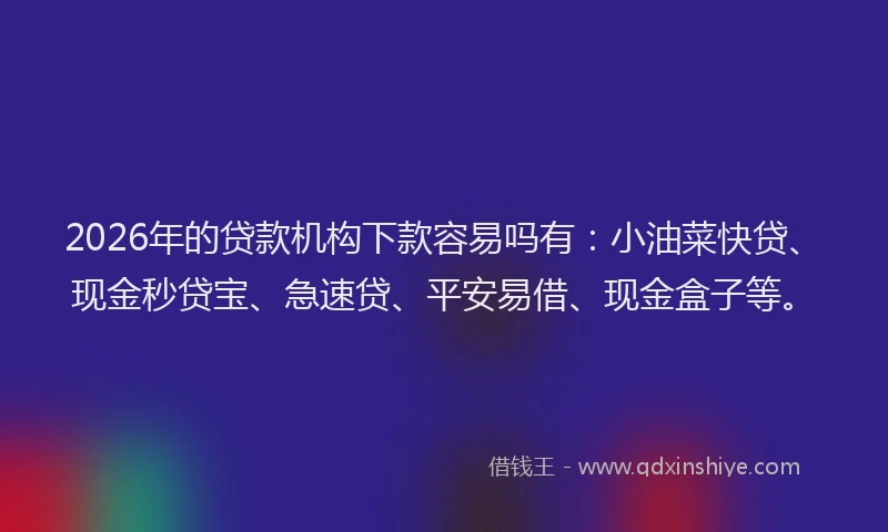 2026年的贷款机构下款容易吗有:小油菜快贷、现金秒贷宝、急速贷、平安易借、现金盒子等。