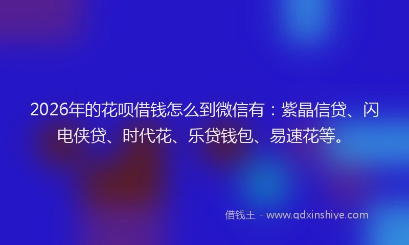 2026年的花呗借钱怎么到微信有:紫晶信贷、闪电侠贷、时代花、乐贷钱包、易速花等。