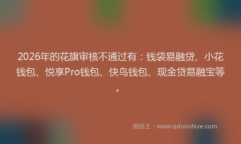 2026年的花旗审核不通过有:钱袋易融贷、小花钱包、悦享Pro钱包、快鸟钱包、现金贷易融宝等。