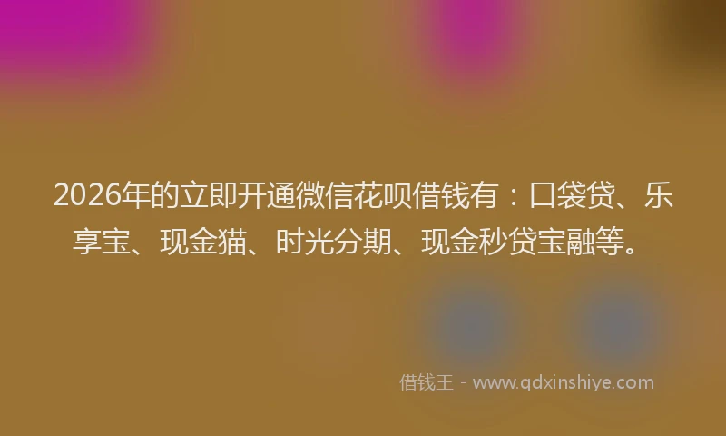 2026年的立即开通微信花呗借钱有：口袋贷、乐享宝、现金猫、时光分期、现金秒贷宝融等。