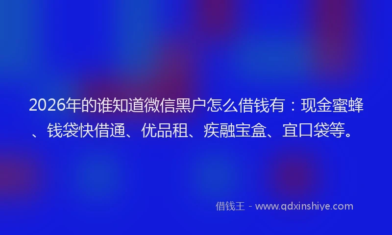 2026年的谁知道微信黑户怎么借钱有：现金蜜蜂、钱袋快借通、优品租、疾融宝盒、宜口袋等。