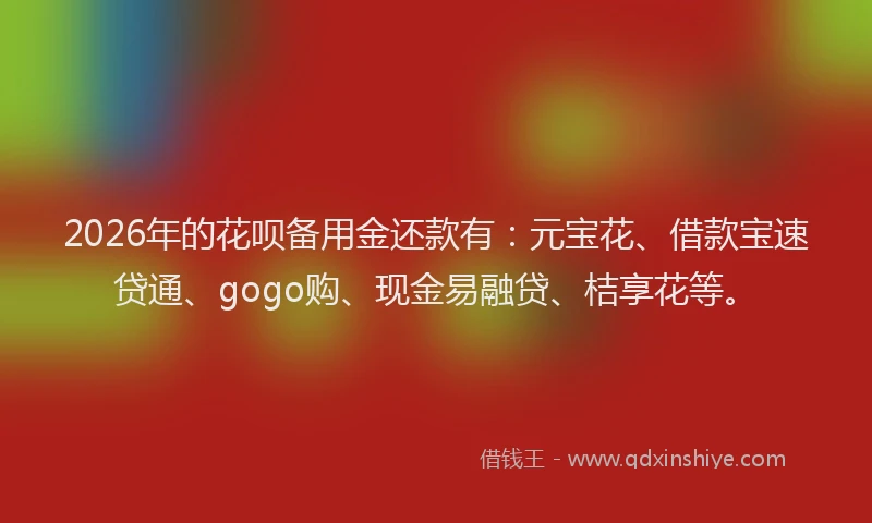 2026年的花呗备用金还款有：元宝花、借款宝速贷通、gogo购、现金易融贷、桔享花等。