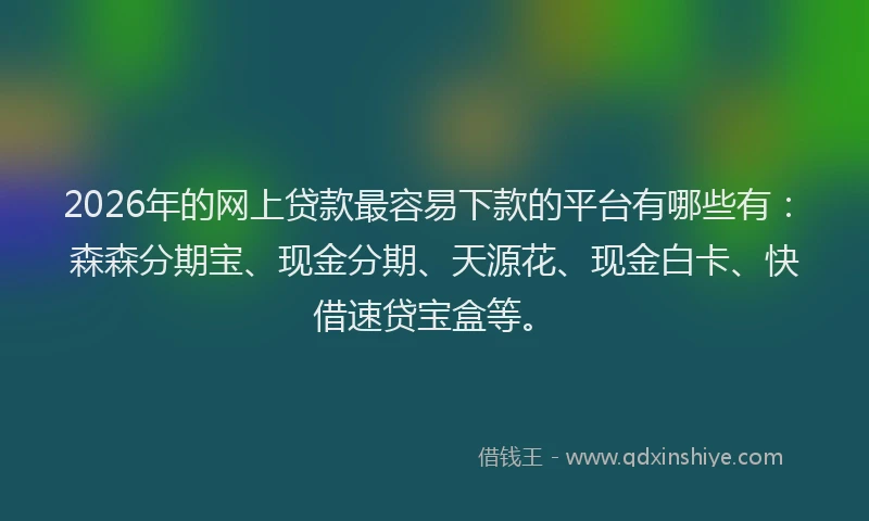 2026年的网上贷款最容易下款的平台有哪些有：森森分期宝、现金分期、天源花、现金白卡、快借速贷宝盒等。