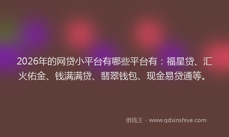2026年的网贷小平台有哪些平台有：福星贷、汇火佑金、钱满满贷、翡翠钱包、现金易贷通等。