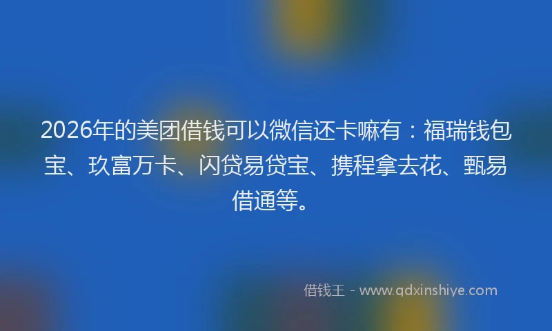 2026年的美团借钱可以微信还卡嘛有：福瑞钱包宝、玖富万卡、闪贷易贷宝、携程拿去花、甄易借通等。