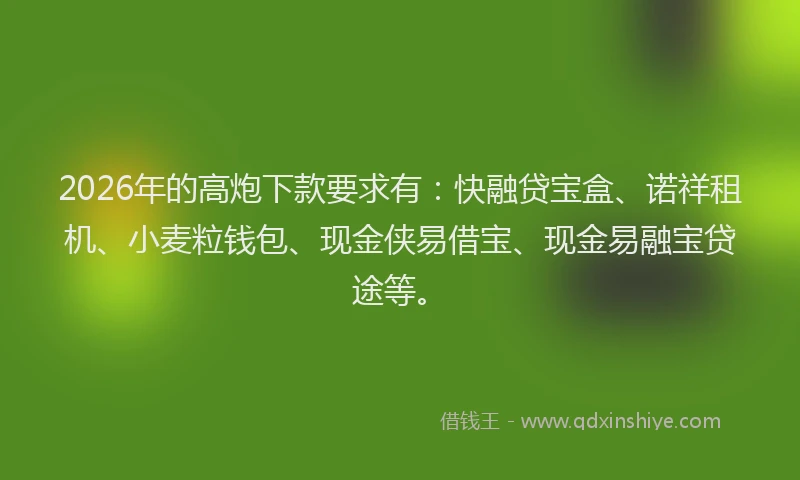 2026年的高炮下款要求有：快融贷宝盒、诺祥租机、小麦粒钱包、现金侠易借宝、现金易融宝贷途等。