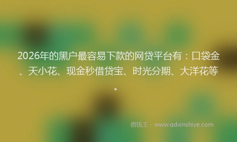 2026年的黑户最容易下款的网贷平台有：口袋金、天小花、现金秒借贷宝、时光分期、大洋花等。