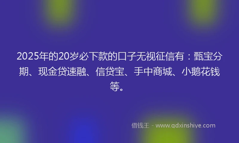 2025年的20岁必下款的口子无视征信有：甄宝分期、现金贷速融、信贷宝、手中商城、小鹅花钱等。