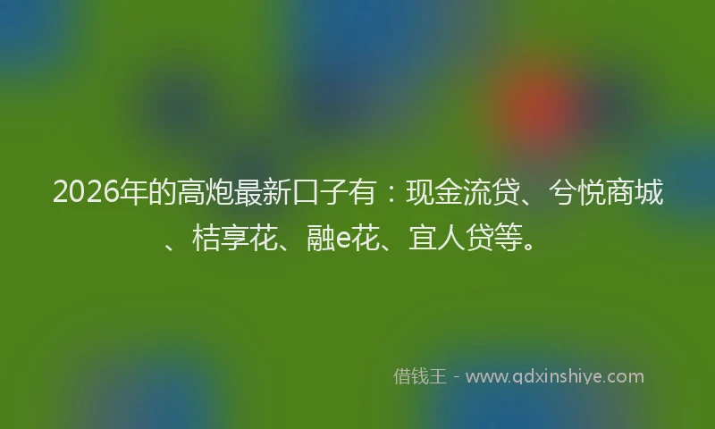 2026年的高炮最新口子有：现金流贷、兮悦商城、桔享花、融e花、宜人贷等。