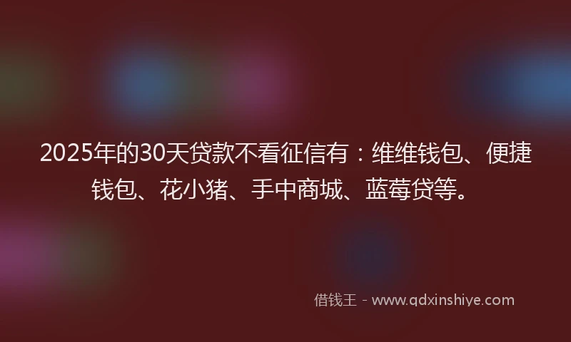 2025年的30天贷款不看征信有：维维钱包、便捷钱包、花小猪、手中商城、蓝莓贷等。