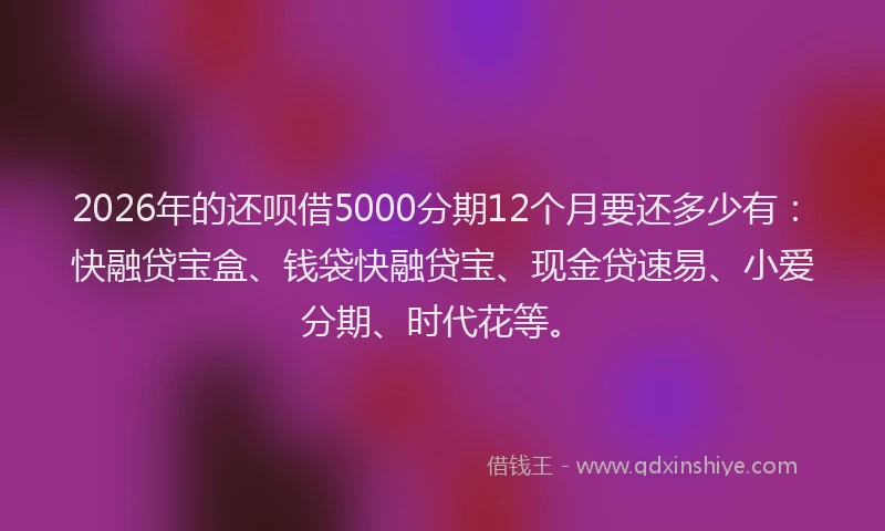 2026年的还呗借5000分期12个月要还多少有：快融贷宝盒、钱袋快融贷宝、现金贷速易、小爱分期、时代花等。