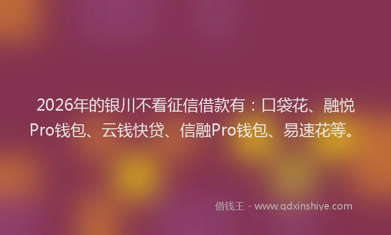 2026年的银川不看征信借款有：口袋花、融悦Pro钱包、云钱快贷、信融Pro钱包、易速花等。