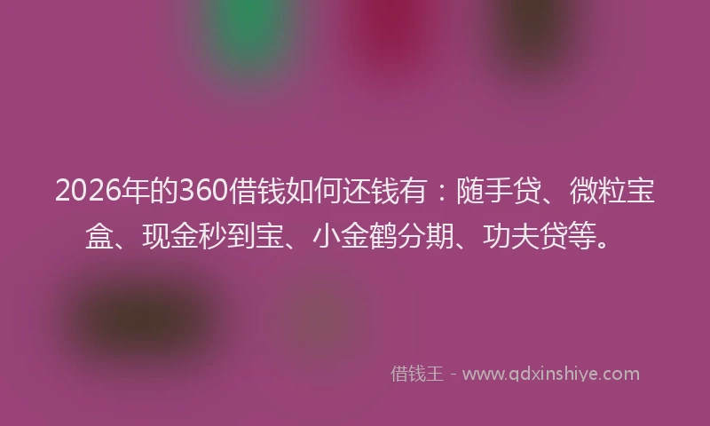 2026年的360借钱如何还钱有：随手贷、微粒宝盒、现金秒到宝、小金鹤分期、功夫贷等。
