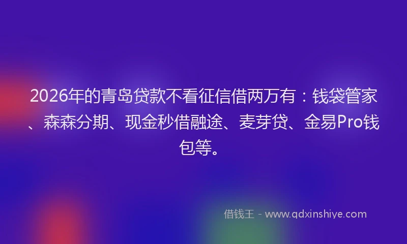 2026年的青岛贷款不看征信借两万有：钱袋管家、森森分期、现金秒借融途、麦芽贷、金易Pro钱包等。