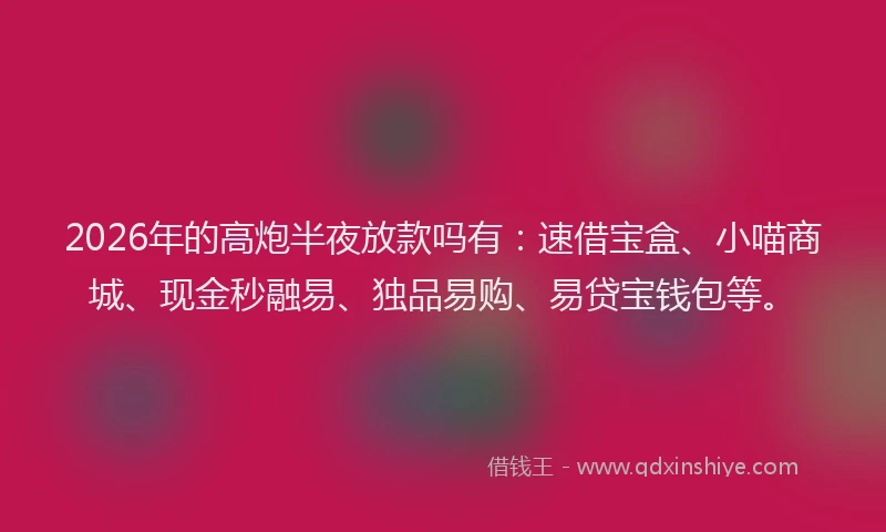 2026年的高炮半夜放款吗有：速借宝盒、小喵商城、现金秒融易、独品易购、易贷宝钱包等。