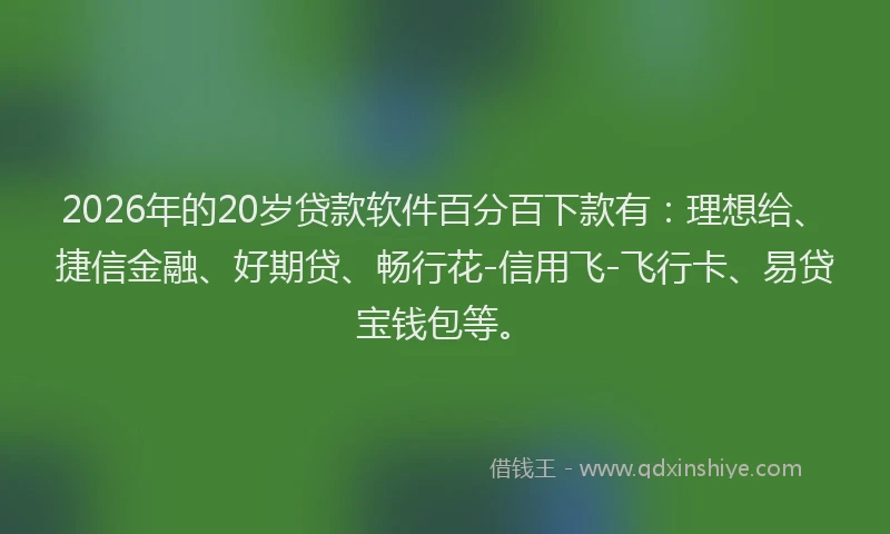 2026年的20岁贷款软件百分百下款有：理想给、捷信金融、好期贷、畅行花-信用飞-飞行卡、易贷宝钱包等。