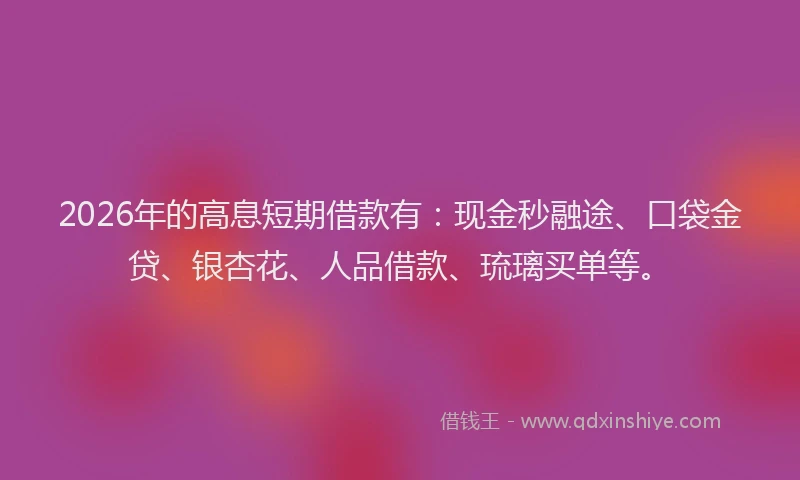 2026年的高息短期借款有：现金秒融途、口袋金贷、银杏花、人品借款、琉璃买单等。