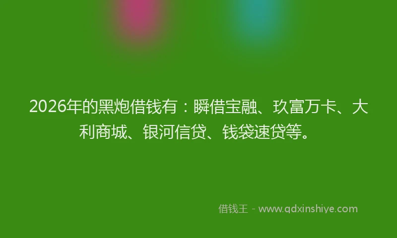 2026年的黑炮借钱有：瞬借宝融、玖富万卡、大利商城、银河信贷、钱袋速贷等。