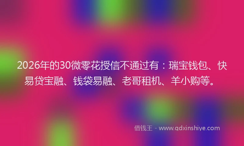 2026年的30微零花授信不通过有：瑞宝钱包、快易贷宝融、钱袋易融、老哥租机、羊小购等。