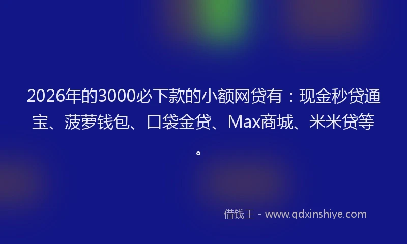 2026年的3000必下款的小额网贷有：现金秒贷通宝、菠萝钱包、口袋金贷、Max商城、米米贷等。