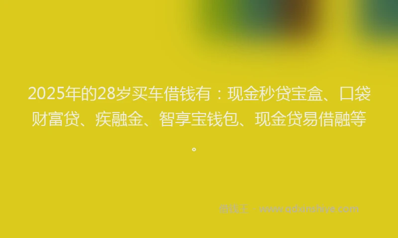 2025年的28岁买车借钱有:现金秒贷宝盒、口袋财富贷、疾融金、智享宝钱包、现金贷易借融等。