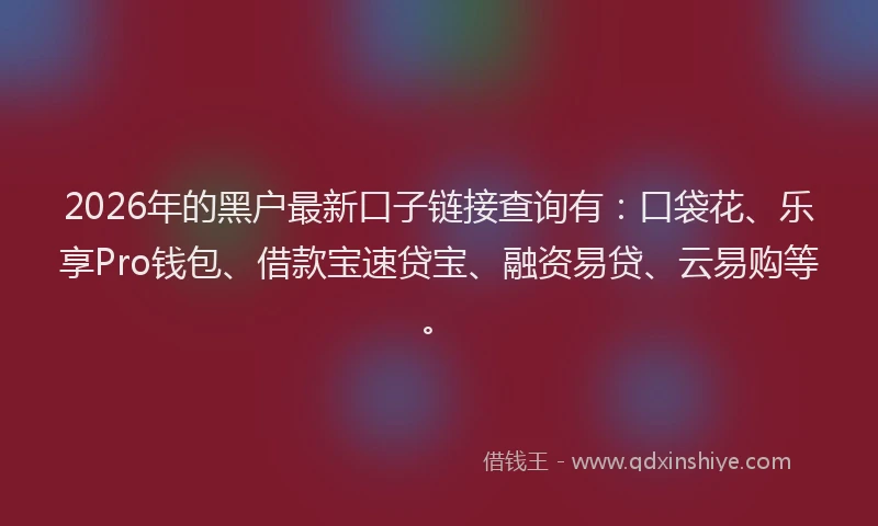 2026年的黑户最新口子链接查询有：口袋花、乐享Pro钱包、借款宝速贷宝、融资易贷、云易购等。