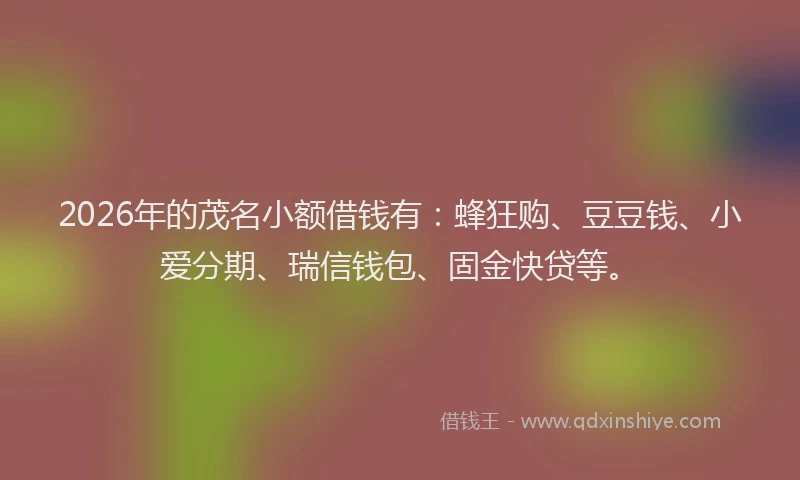 2026年的茂名小额借钱有：蜂狂购、豆豆钱、小爱分期、瑞信钱包、固金快贷等。