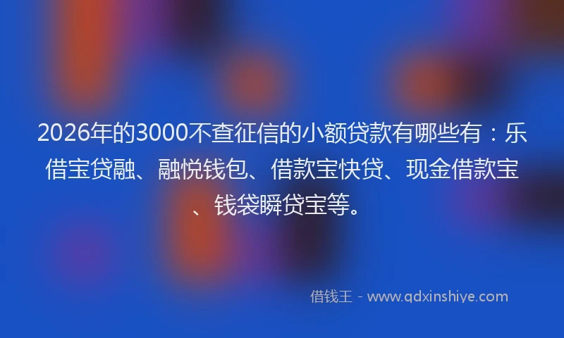 2026年的3000不查征信的小额贷款有哪些有:乐借宝贷融、融悦钱包、借款宝快贷、现金借款宝、钱袋瞬贷宝等。