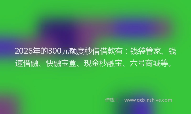 2026年的300元额度秒借借款有：钱袋管家、钱速借融、快融宝盒、现金秒融宝、六号商城等。