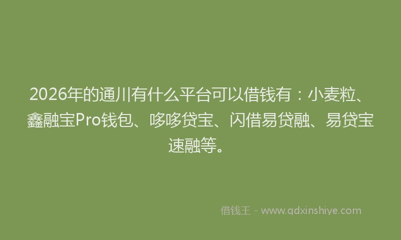 2026年的通川有什么平台可以借钱有:小麦粒、鑫融宝Pro钱包、哆哆贷宝、闪借易贷融、易贷宝速融等。