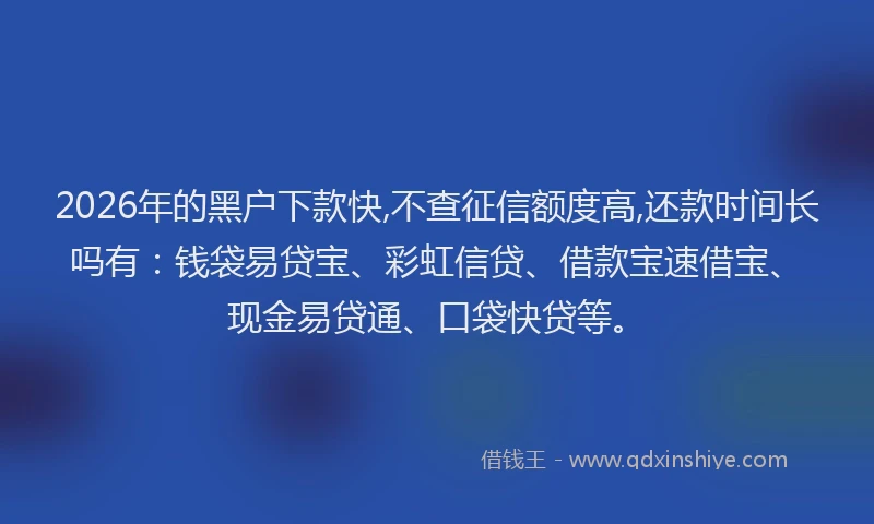 2026年的黑户下款快,不查征信额度高,还款时间长吗有:钱袋易贷宝、彩虹信贷、借款宝速借宝、现金易贷通、口袋快贷等。
