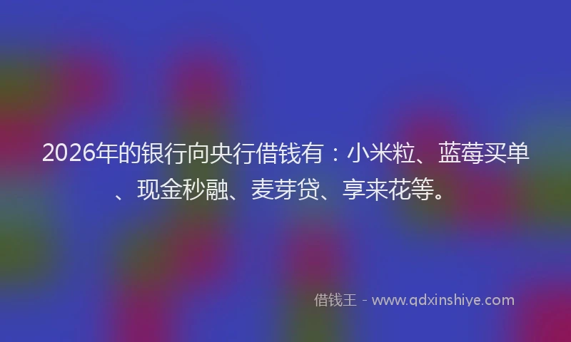 2026年的银行向央行借钱有：小米粒、蓝莓买单、现金秒融、麦芽贷、享来花等。