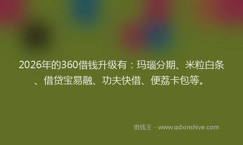 2026年的360借钱升级有：玛瑙分期、米粒白条、借贷宝易融、功夫快借、便荔卡包等。