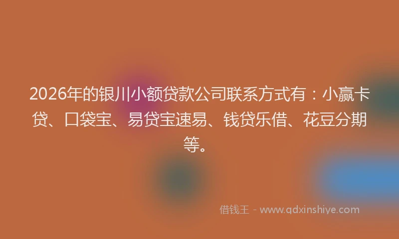 2026年的银川小额贷款公司联系方式有:小赢卡贷、口袋宝、易贷宝速易、钱贷乐借、花豆分期等。