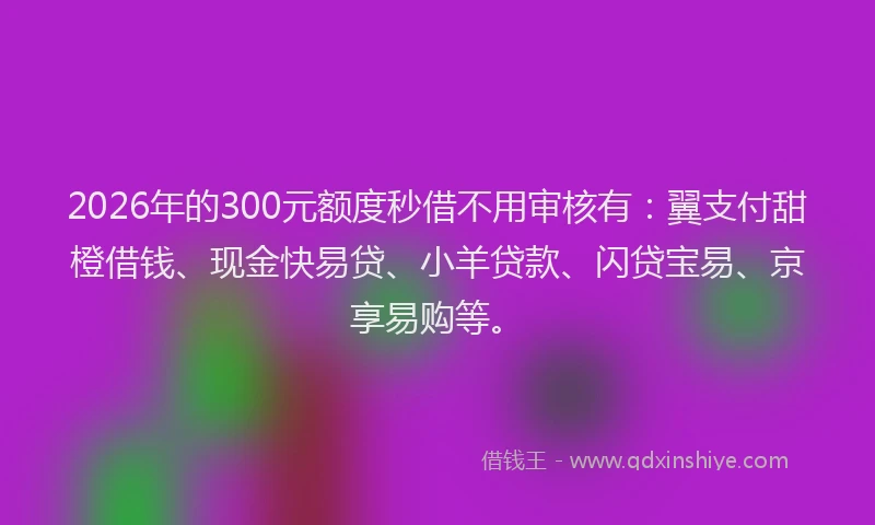 2026年的300元额度秒借不用审核有：翼支付甜橙借钱、现金快易贷、小羊贷款、闪贷宝易、京享易购等。
