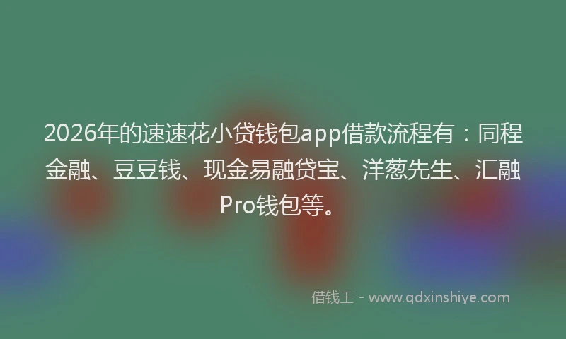 2026年的速速花小贷钱包app借款流程有：同程金融、豆豆钱、现金易融贷宝、洋葱先生、汇融Pro钱包等。