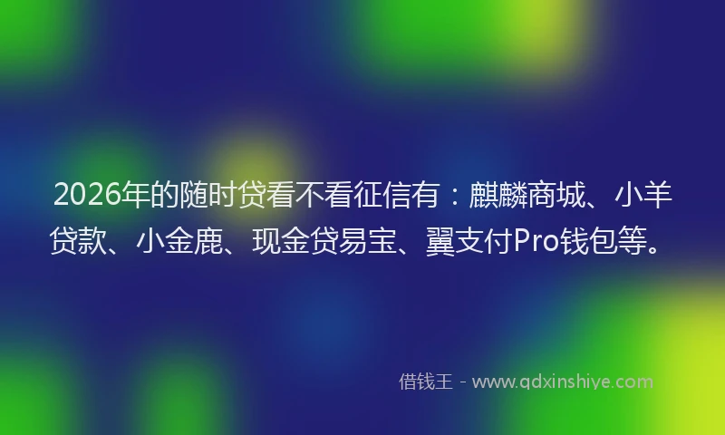 2026年的随时贷看不看征信有:麒麟商城、小羊贷款、小金鹿、现金贷易宝、翼支付Pro钱包等。