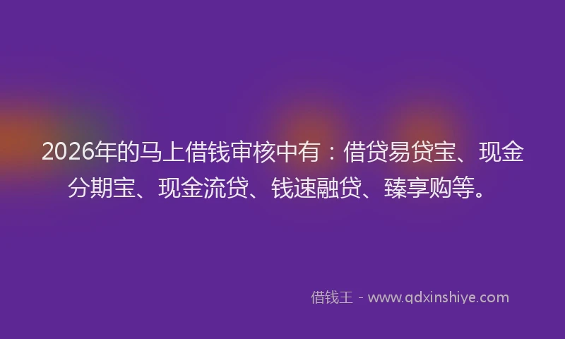 2026年的马上借钱审核中有：借贷易贷宝、现金分期宝、现金流贷、钱速融贷、臻享购等。