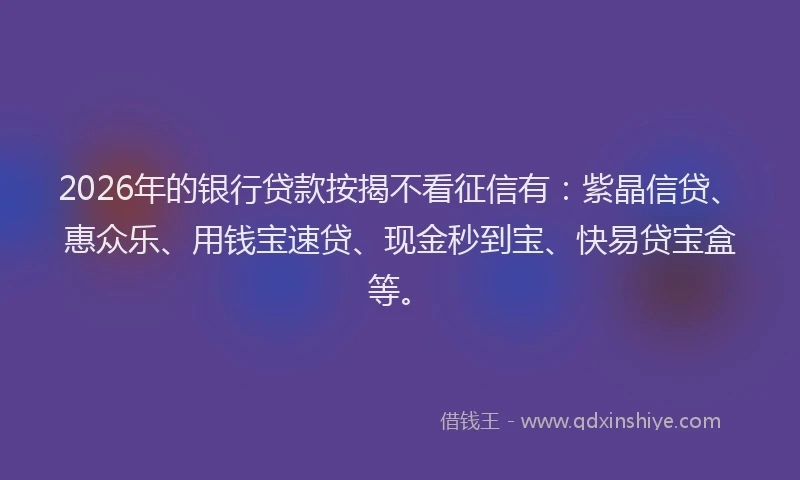 2026年的银行贷款按揭不看征信有：紫晶信贷、惠众乐、用钱宝速贷、现金秒到宝、快易贷宝盒等。
