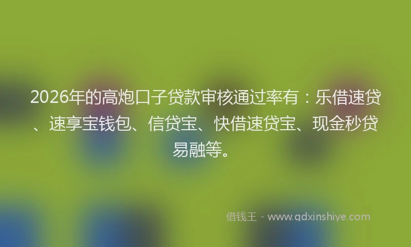 2026年的高炮口子贷款审核通过率有：乐借速贷、速享宝钱包、信贷宝、快借速贷宝、现金秒贷易融等。