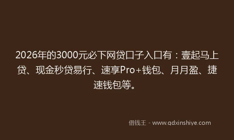 2026年的3000元必下网贷口子入口有：壹起马上贷、现金秒贷易行、速享Pro+钱包、月月盈、捷速钱包等。