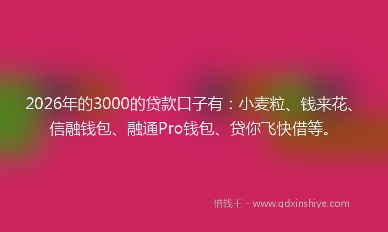 2026年的3000的贷款口子有：小麦粒、钱来花、信融钱包、融通Pro钱包、贷你飞快借等。
